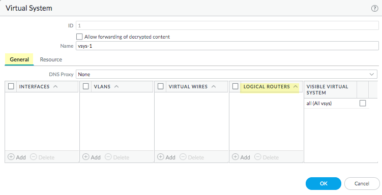 Virtual System configuration showing assignment of Logical Routers.
